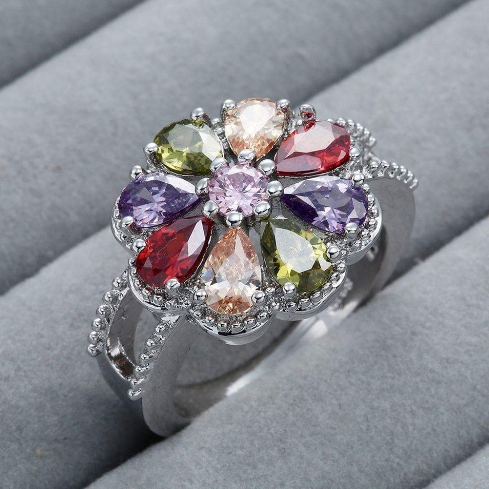 Sterling Silver Multicolor Flower Halo Cocktail Ring